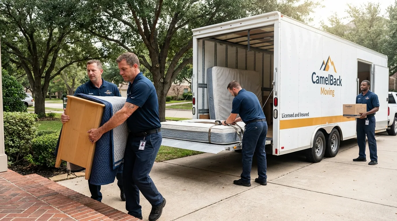 Crew loading residential truck for cross-state move from Plymouth, WI