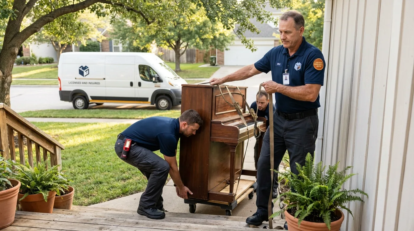 Licensed piano movers securing grand piano in Plymouth, WI