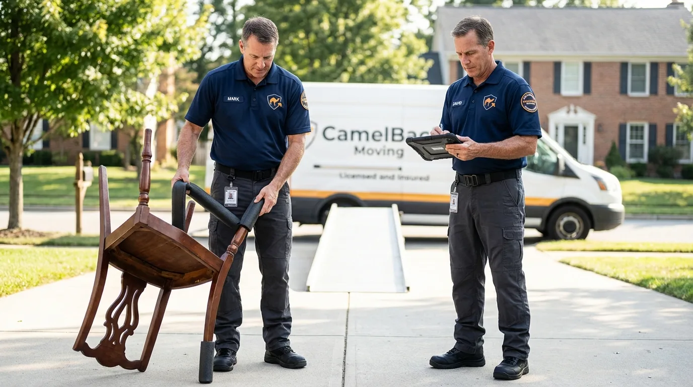 Movers inspecting furniture for damage prevention before loading in Plymouth, WI