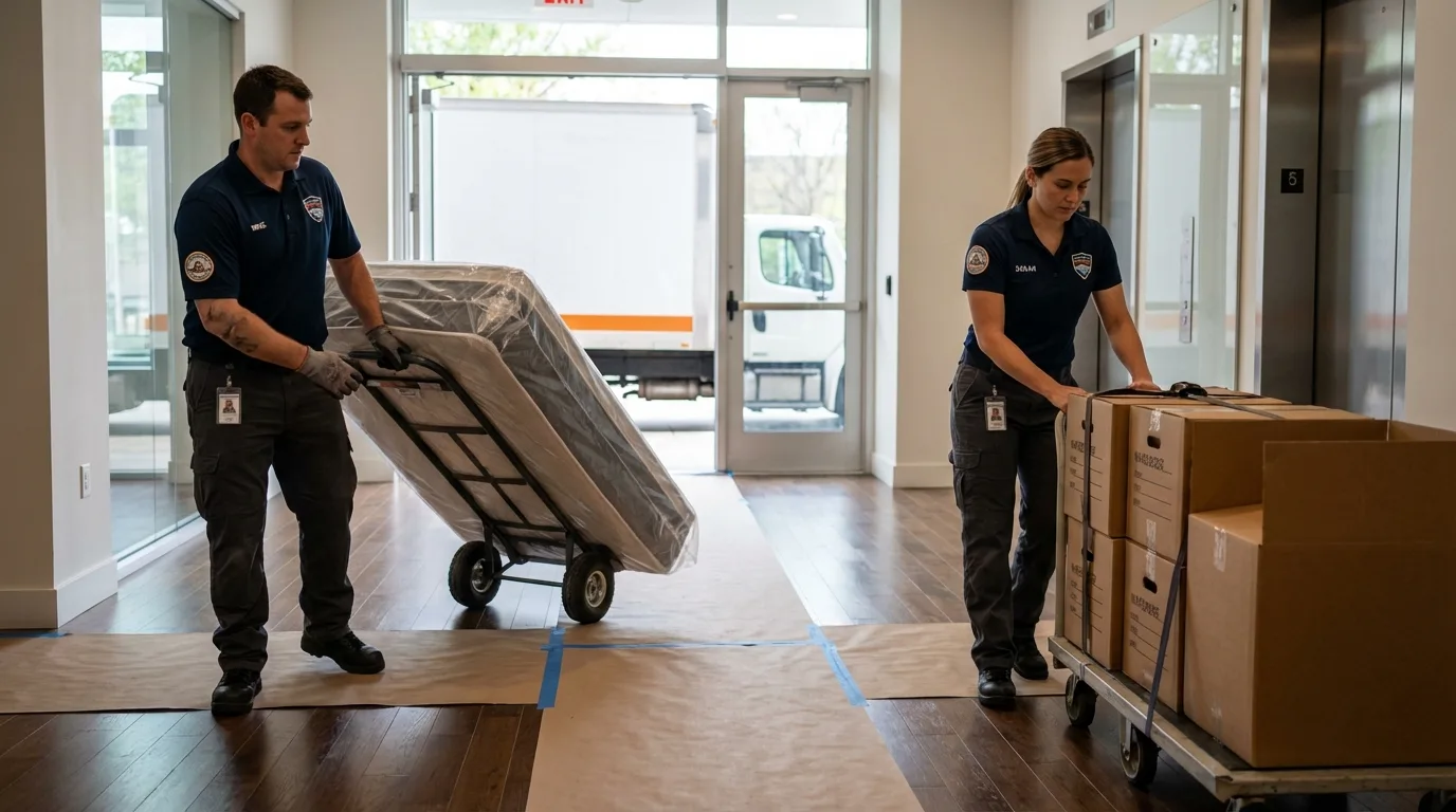 Professional apartment movers loading elevator in Plymouth, WI