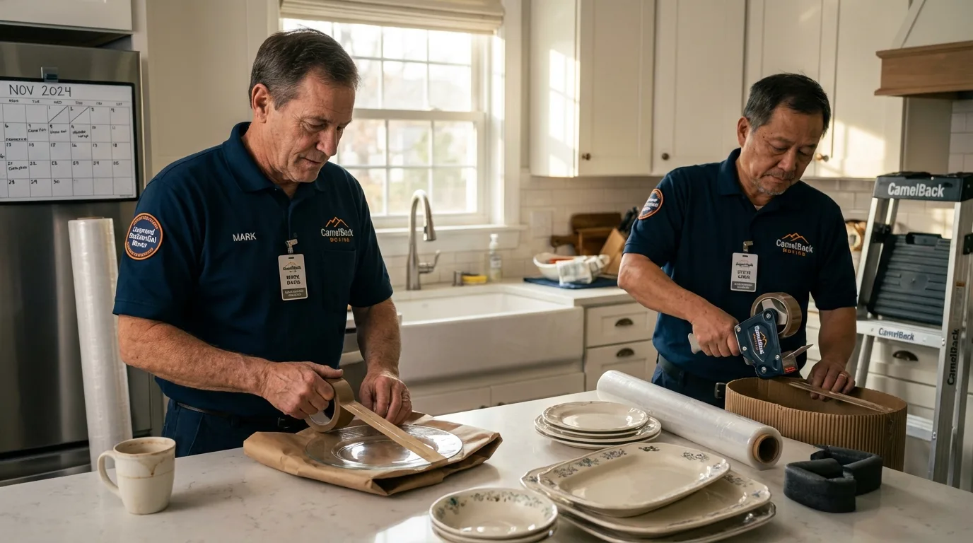 Professional crew packing kitchen dishware in Plymouth, WI